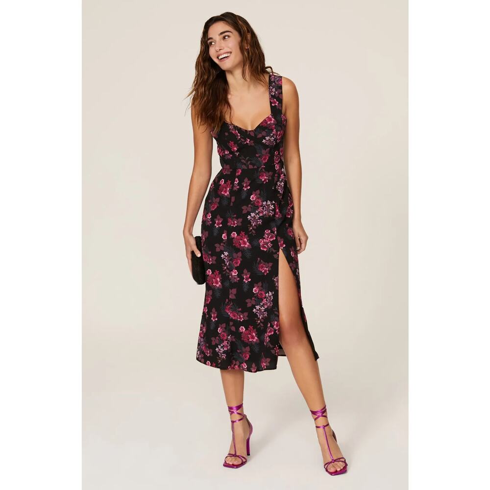 Hutch Anthropologie Sweetheart Neck Sleeveless Slit Floral Midi Dress Black Sz 2
